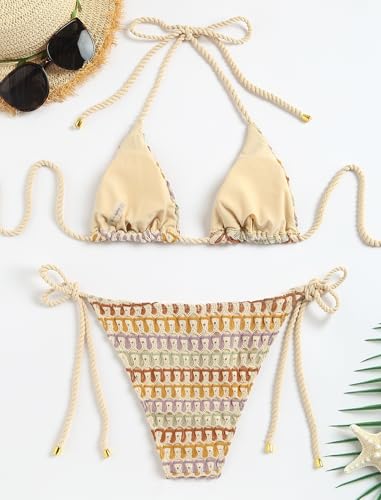 Image of ZAFUL 2 Piece Triangle Bikini for Women Knitted Rope Halter Bikini Sets Sexy Bathing Suit Side Tie Swimsuits Beachwear