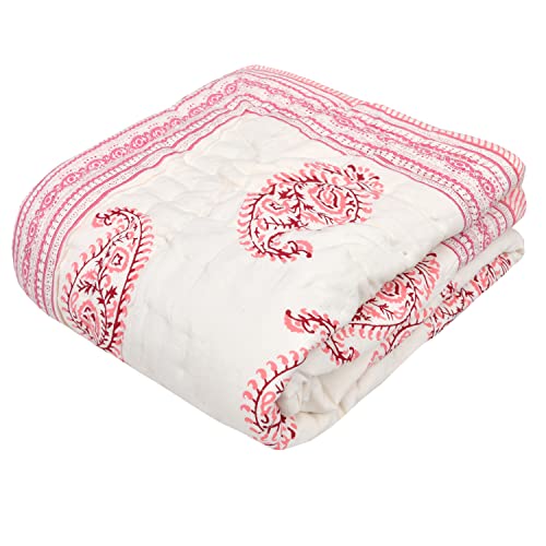 Image of BLOCKS OF INDIA Cotton Single Size Quilt Hand Block Print for Light Winters (60X90 Inches) (Pink Jaal), Lightweight, 300 TC