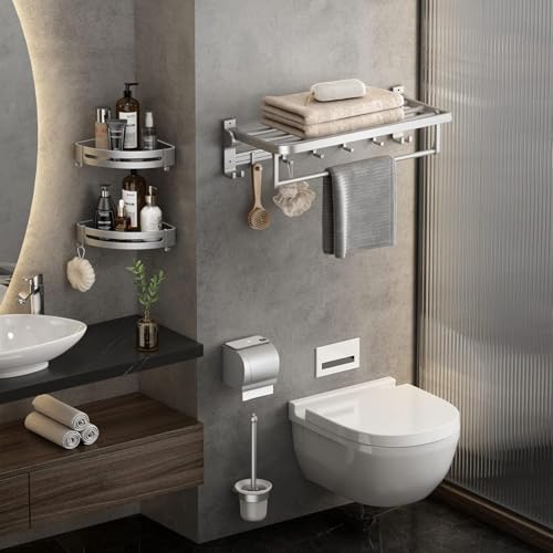Image of Towel Holder in Bathroom Towel Hanger for Wall Bathroom Towel Rack with Towel Bar and Hooks 60cm Foldable Towel Rod Wall Mounted Lavatory Towel Stand Silver Finish