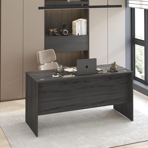 Image of Furinno Roger Computer Desk, 60 Inch Rectangular Executive Desk with Modesty Panel, Home Office Desk with Thick Tabletop, Desk Cord Grommet, Scratchproof, for Home Study, Office, Coastal Grey