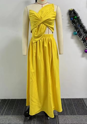 Image of Molisry Women's Summer One Shoulder Dress Spaghetti Strap Cut Out Sleeveless Tight Waist Maxi Bubble Cocktail Dress Party Yellow