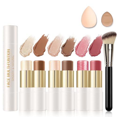 ROSAWEE 6 Colors Cream Contour Stick Makeup Kit, Double-ended Cream Bronzer Stick Highlighter and...