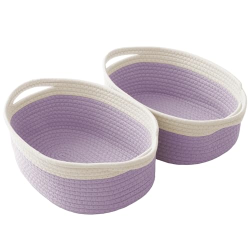Image of JMvicyroam Small Woven Basket, Empty Gift Basket, White&Purple /2 Pack | Small Gift Basket, Cotton Rope, 12 x 8 x 55 in, Handles, Includes Ribbon and Bag, Birthday Gift Basket