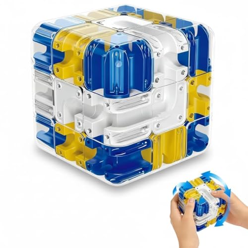 Image of 3D Maze Puzzle Cube with Metal Ball Inside - Transparent Handheld Marble Run Brain Teaser Game for Kids & Adults | Focus Skill Development Educational Toy and Stress Relief Challenge (Blue)