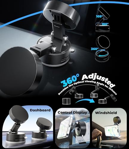 Image of RIGGEAR Magnetic Car Phone Holder for Dashboard, Glass with 360 Rotatable Suction Base Mobile Mount Stand Compatible with MagSafe iPhones /All Android Phones for Kitchen,Gym,Mirror,Office Desk