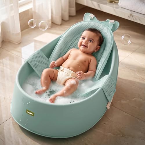 Image of Baybee Whale Baby Bath tub for 0 to 5 Years | Baby Bath Tub for Kids with Soft Mesh Cushion Support & Easy Drains | Bather & Bathtub for Newborn Boys Girls | Mini Swimming Pool for Babies (Green)
