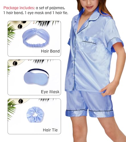 SEALINF Satin Girl Pajama Set Silk Pajamas for Girls With Eyemask 2 Pcs Button-up Sleepwear Kid Pjs Nightwear3
