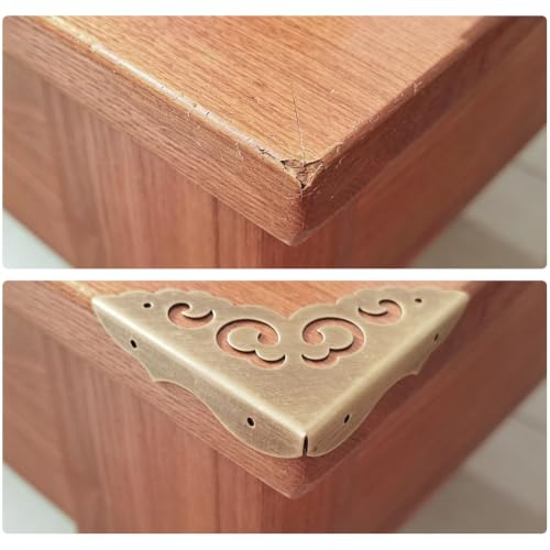 Image of Metal Corner Protectors Set of 4, Vintage Decorative Corner Protector for Antique Wooden Chests, Tables, Desks, Boxes, Edge Protection, Hollowed Out Flower Corner Guards for Decor Furniture (Bronze)