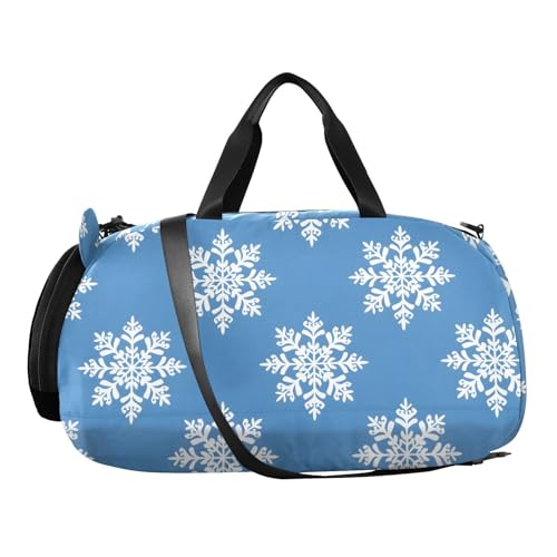 Duffle Bag for Boys or Girls with Shoes Compartment, Snowflake White Blue Snowflake Sports Travel Bag Overnight2