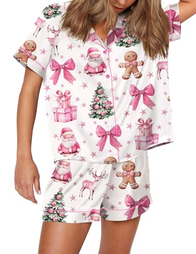 Image of SHESHOW Satin Pajamas for Women Set Preppy Animals Pjs Short Sleeve Shorts 2 Piece Loungewear Sets XS-XXL
