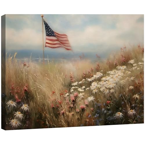 Image of RIBNTAK Vintage American Flag Canvas Wall Art, Rustic Field Landscape Artwork Print for 4th of July Decorations, Patriotic Decor Collection Perfect for Independence Day Bedroom Home Decor