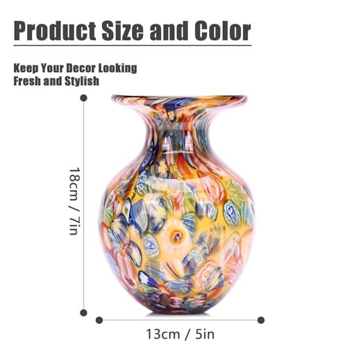 Yellow Orange Round Glass Vase,Modern Art Sea Glass Decor with Colorful Petal Decorative for Home Decor,Hand Blown Stained Vase for Flowers Living Room Dining Tabletop Centerpiece Office Decor - Image 3