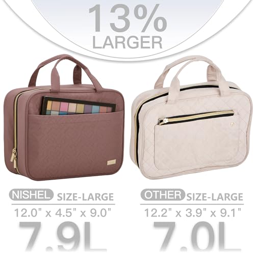 Image of NISHEL Travel Toiletry Bag for women, Portable Hanging Organizer for Full-Sized Shampoo, Conditioner, Brushes Set, Makeup Accessories, Large Size, Rosewood-Pink