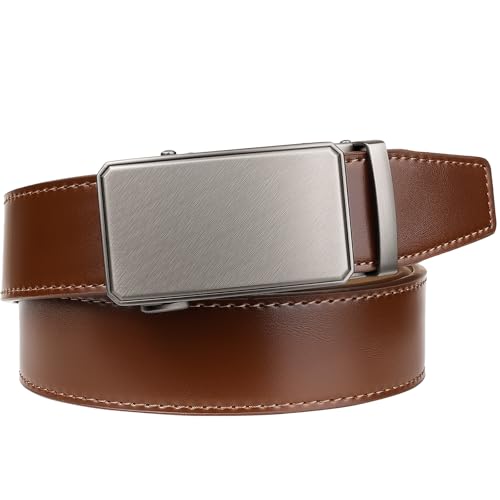Image of Drowsmen Leather ratchet belt 1 3 /8 inch with Click Sliding Automatic Buckle, Adjustable belt Trim to Fit