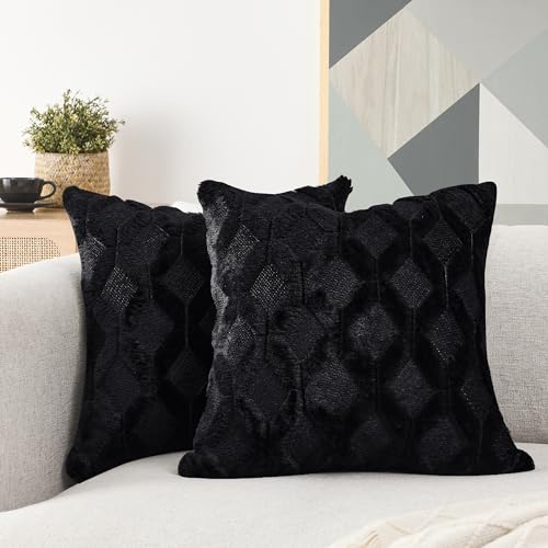 Volcanics Pack of 2 Faux Wool Throw Pillow Covers 20x20 Inches Decorative Farmhouse Velvet Couch Pillow Case Soft Plush Square Boho Cushion Pillowcase, Black