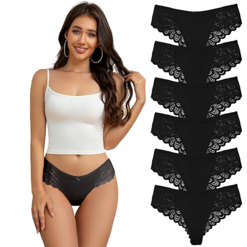 Hialegion Unterwäsche Frauen Spitze Slip Damen Sexy Hipster Spitzebesatz Low-Rise Höschen Unterhosen Schwarz 6 Stück M