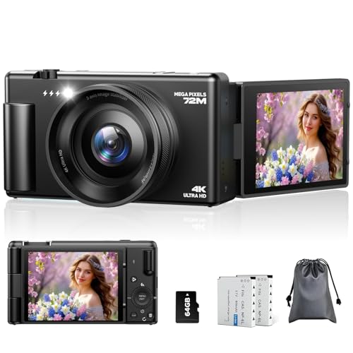 4K Digital Camera, Vlogging Camera for YouTube 72MP Autofocus with 18X Digital Zoom, 2.8" 270°Flip Screen Compact Travel Cameras for Teens Beginners Photography with 64GB Card & 2 Batteries