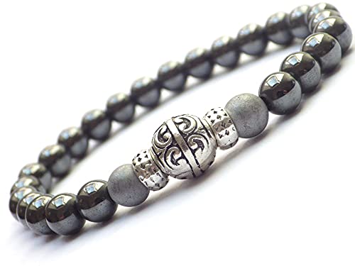 Bracelet pour hommes en perles d'hématite grises et noires et perles tibétaines