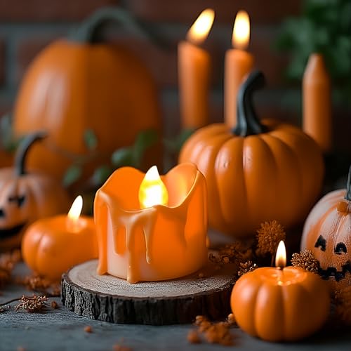 Image of 12 Pcs Orange Melting Tea Light Candles Battery Operated with Timer | Warm White Flickering Tealight, Battery Includes Last for 100+ Hours, for Thanksgiving Fall Autumn