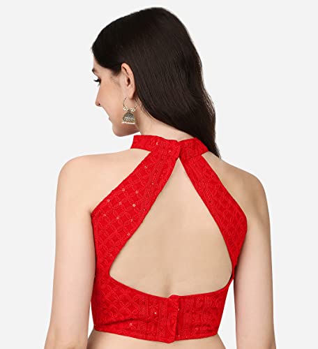 Image of Pujia Mills Women's Halter Neck Chickenkari Work Readymade Saree Blouse