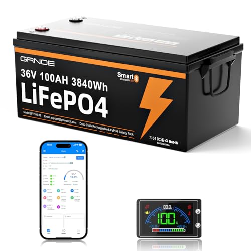 GRNOE 36V 100AH LifePO4 Lithium Battery,Rechargeable Lifepo4 Batteries with 100A BMS, Bluetooth...