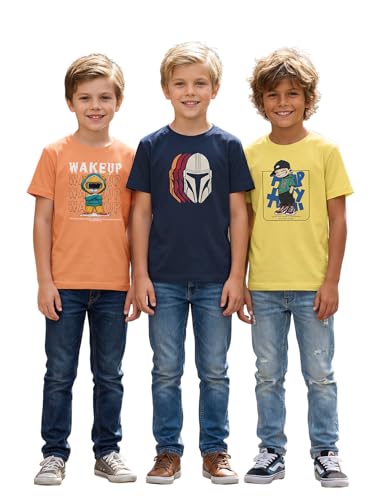 Image of HELLCAT Boys Round Neck Printed Blended Cotton Tshirt -Combo Pack of 2 - Orange /Blue
