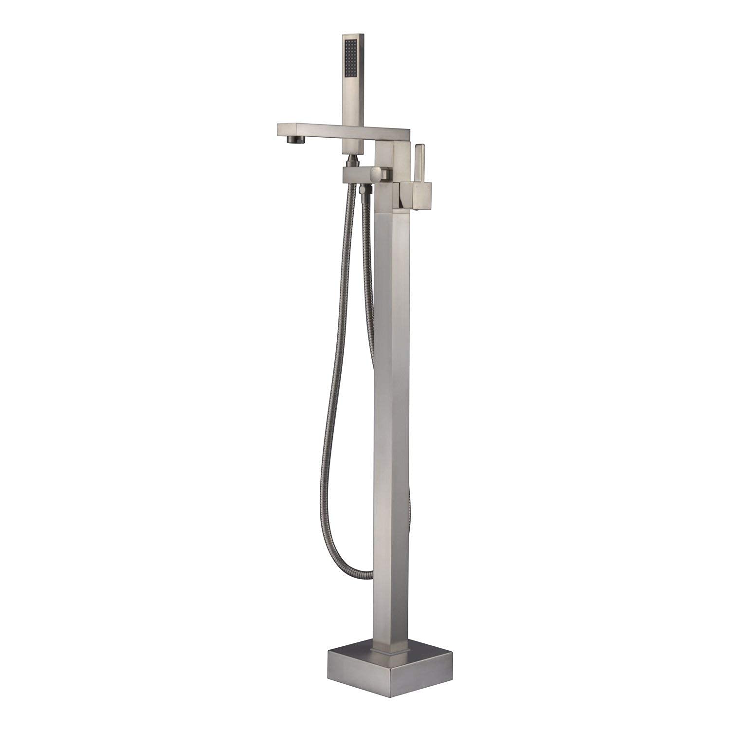 CWCQGH Freestanding Bathtub Faucet, Square Single Handle Waterfall Spout Tub Filler Brass Bathroom Faucets Floor Mounted Shower System with Handheld Shower and Shower Hose Set,C,Brushed Nickel