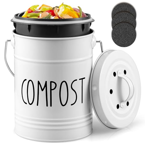 CMLKLZD Kitchen Compost Bin, 1 Gallon Countertop Compost Bin with Lid, Indoor Compost Bucket, Includes Inner Bucket Liner and Carbon Filters, White