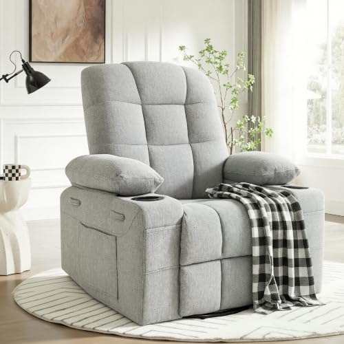 Image of Swivel Rocker Recliner Chair,Recliner Single Sofa with Cup Holders, Manual Nursery Rocking Chair with Side Pockets, Modern Upholstered Recliner for Living Room,Apartment,Home Theater(Grey)