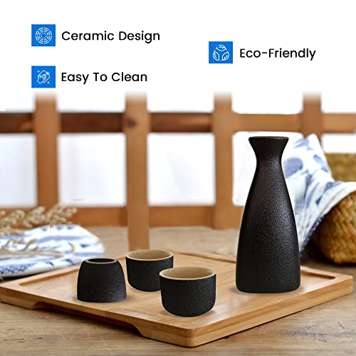 Black Ceramic Traditional Japanese Sake/Saki Set, 7 Piece Set For Hot & Cold Sake With 1 Tokkuri And 6 Sake Cups #TOP2