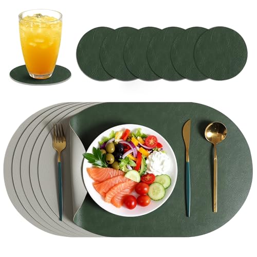 Juego de 6 Mantelitos Ovalados y Posavasos de Piel Sintética, Impermeable, Resistente a Manchas y Antideslizante de Doble Cara, Fácil de Limpiar e Ideal para Mesa, Estilo Americano