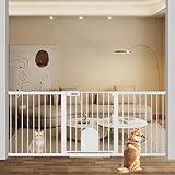Fairy Baby ベビーゲート ペットゲート ペットドア付き 猫 犬 ゲート 高さ76cm ベビーフェンス 突っ張り式 ダブルロック 自動閉鎖 両開き扉 赤ちゃんゲート ベビーガード 玄関 階段 拡張フレーム付き(ホワイト、取付幅187-201cm)