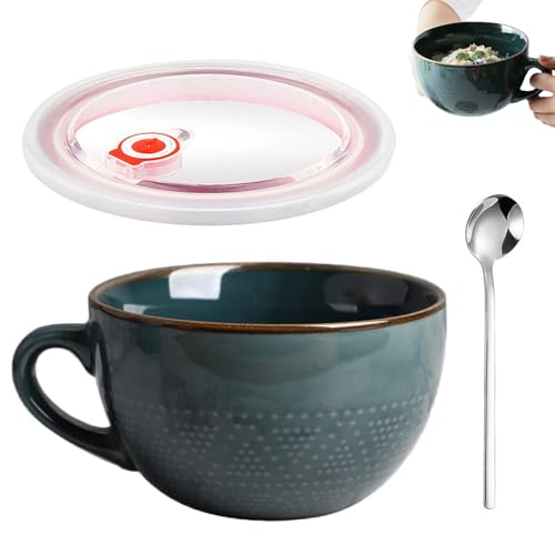 700 ml Keramik Suppentasse mit Griff Groß Jumbotasse Suppenschüssel mit Henkel Kaffeetasse Kaffee Tee Müsli Becher Tasse Porzellan Groß Suppentassen mit Henkel für Haferflocken Früchte Dunkelgrün