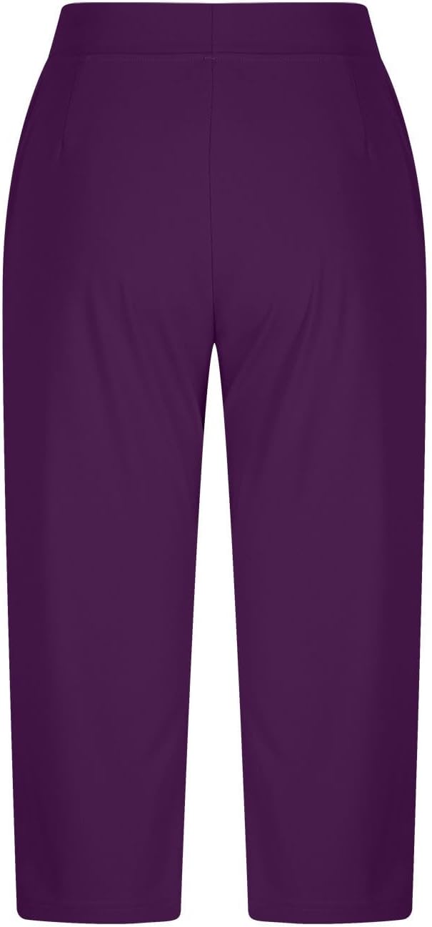 Women’s High Waisted Capri Pants Elastic Waist Straight Leg Casual Trousers with Pockets for Summer Daily Wear