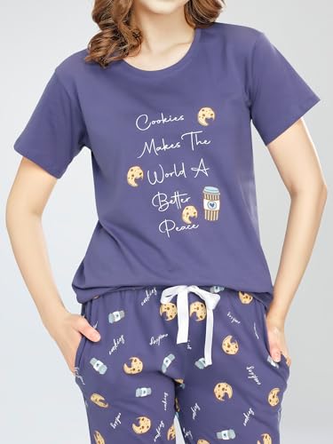 Image of ZEYO Night Suit for Women's Cookies & Cup Printed Cotton Night Dress of Top and Pajama Set 5772