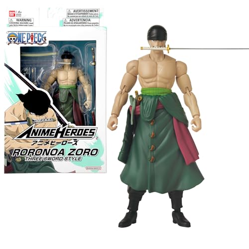 Bandai - Anime Heroes - Action Figure One Piece - Roronoa Zoro 17 cm Three Sword Style - Licencia Oficial One Piece - Figura de acción articulada Zoro 3 Espadas - Juguete para niños a partir de 4 años