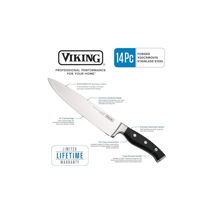 Viking Culinary Cutlery Set with Black Rubberwood Knife Block, 14 Piece, Premium Steel Blades, Ergonomic Design