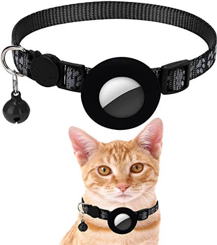 Collier pour chat Airtag - Réfléchissant - En silicone - Compatible avec Apple Airtag, boucle de sécurité Breakaway - Pour chiots et chats - Noir Cover