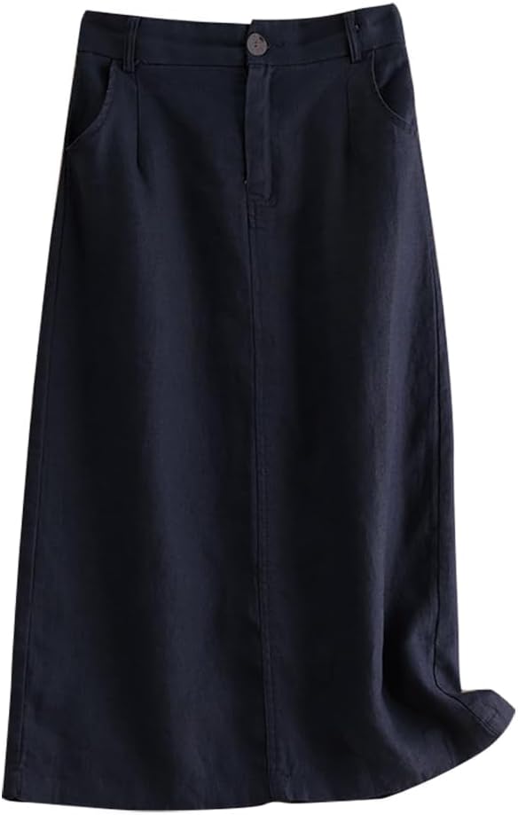 IDEALSANXUN Womens Cotton Linen Skirts Spring Summer A Line Midi Skirt with Pockets Beach Vacation Clothes