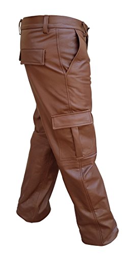 Mens Real Brown Leather 6 Pockets Cargo Pants Jeans Fully Lined3