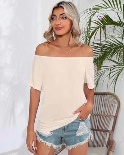 Riyiper 3 Pack Women's Off The Shoulder Shirts, Loose Fit Flowy Tops Short Sleeve Casual Summer Tshirt Athletic Workout Tunic4