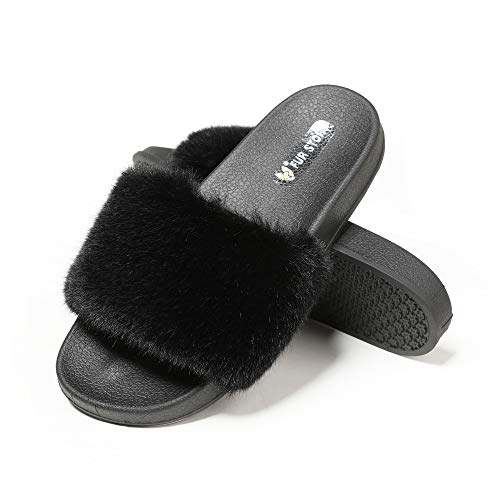 Fur Story Women's Faux Fur Slides for Outdoor Furry Leopard Print Fur Slipper Black