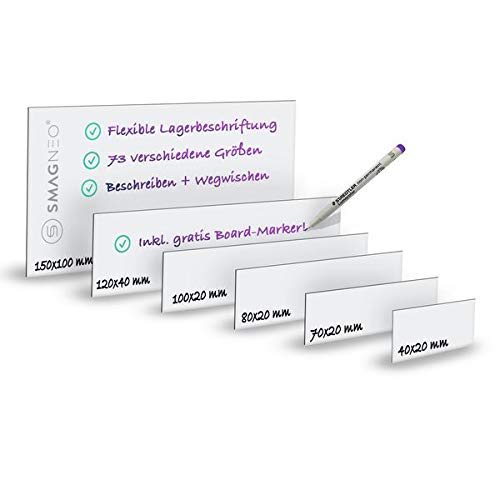 Magnetschild Magnetetiketten Magnetstreifen - Magnet Etikett inkl. Gratis Stift - für Lagerbeschriftung Kennzeichnung, Magnettafeln, Magnetband, Größe:40 x 10 mm, Menge:50 Stück Cover