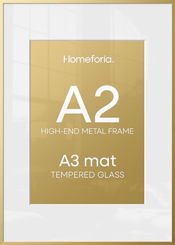 Image of Homeforia A2 Picture Frame Gold, High End Metal 16.5 x 23.5 inches Poster Frames with Mat 11.7 x 16.5 for Photo, A2 Size Frames Matted to A3 Print, 16.5 by 23.4 Hanging Frame, Tempered Glass, Set of 1