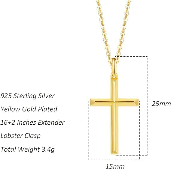 FANCIME Yellow Gold Plated 925 Sterling Silver Beveled Cross Pendant Necklace Dainty Fine Delicate Jewelry Gifts for Women 18 INCHES - Image 6