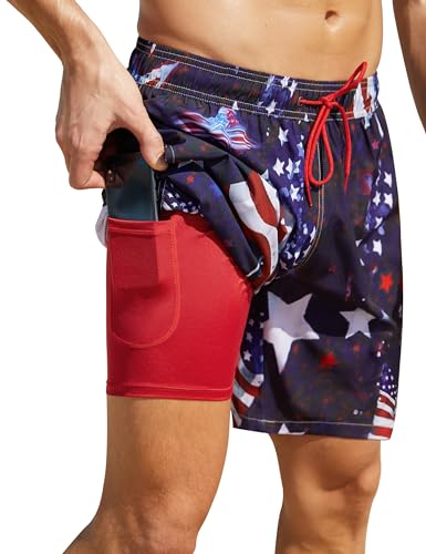 Nonwe Men's Beach Shorts with Compression Liner Quick Dry Summer Stretchy Beach Trunks Blue&Red 36