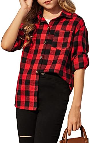 Flypigs Plaid T-Shirts for Girls Casual Red Plaid Top for Kids Loose Fit Kids Plaid Blouse