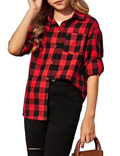 Flypigs Plaid T-Shirts For Girls Casual Red Plaid Top For Kids Loose Fit Kids Plaid Blouse #TOP13