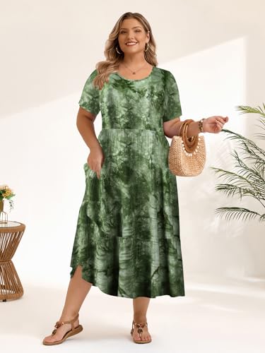Image of LARACE Plus Size Dresses for Women Summer Casual Short Sleeve Long Dress Flowy Maxi Beach Dresses with Pockets L-6XL