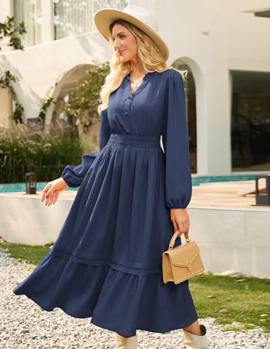 GRACE KARIN 2025 Women's Casual Fall Long Sleeve Midi Dresses, V-Neck Smocked Tiered Dress,Wedding Guest Dress4